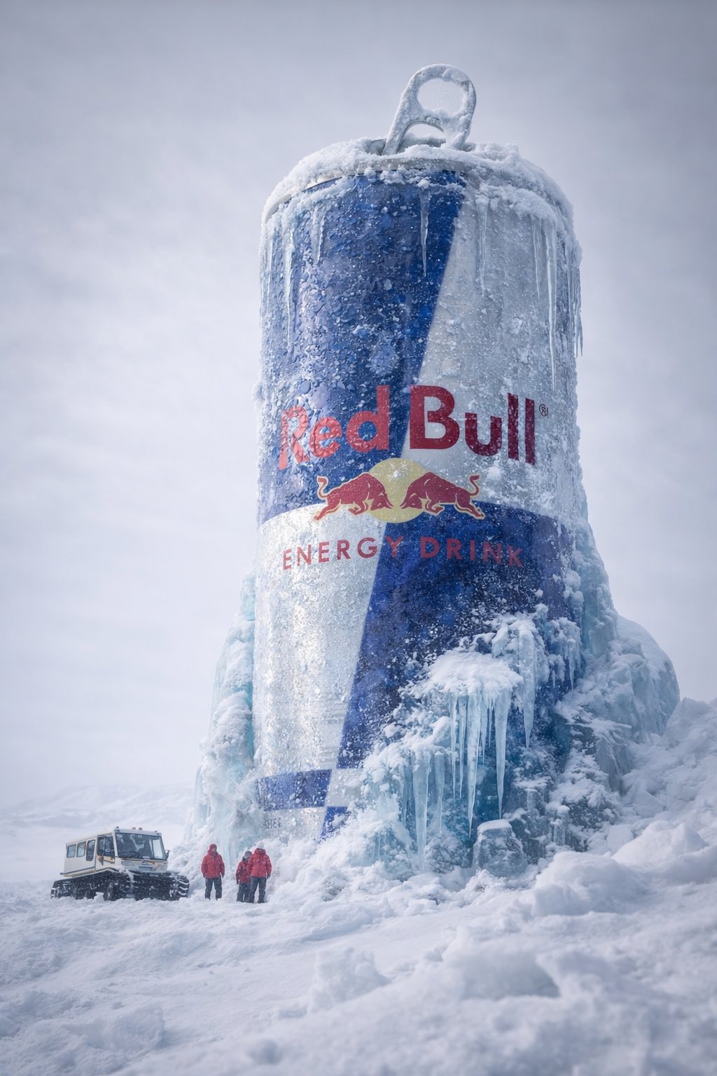 Hyper-realistic cinematic 8k photograph, low-angle wide perspective. A massive Monster Energy can standing vertically like an arctic monument, partially frozen inside thick blue ice and snow. Frost covering the textured surface, icicles forming along the logo and rim, snow filling the pull-tab opening. Snowcat vehicle and scientists in red parkas emphasize scale. Overcast arctic daylight, HDR, ultra-detailed frozen textures, cinematic realism --ar 2:3
Image