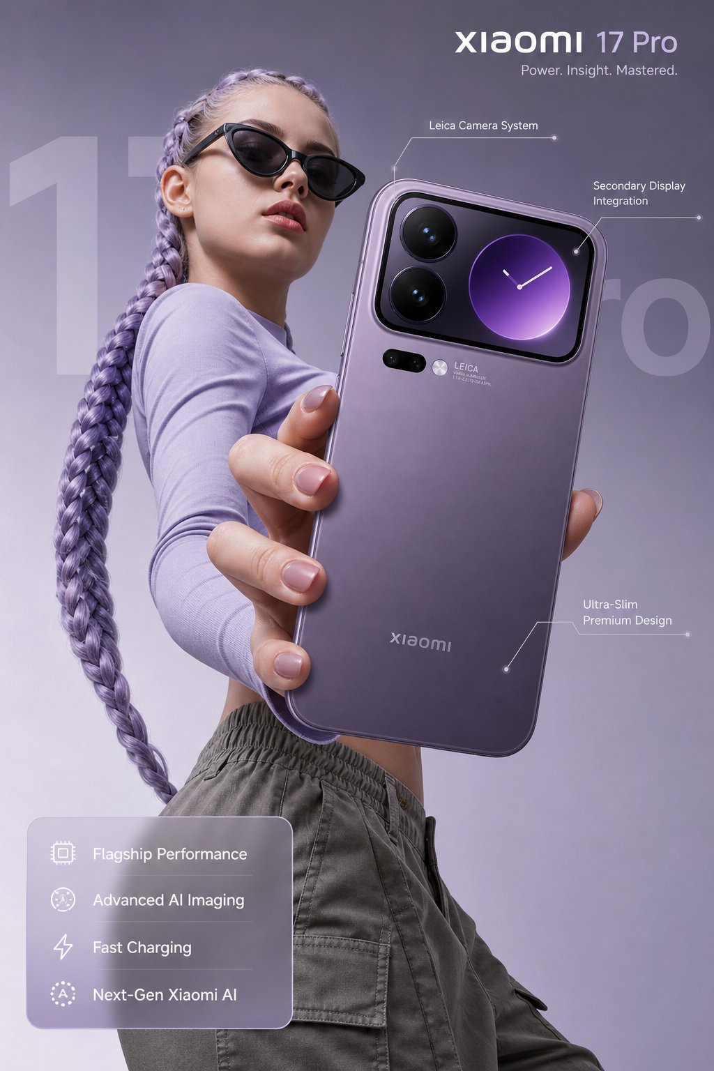 Ultra-realistic premium smartphone advertisement, featuring a confident young woman in her early 20s with fair skin and sharp facial features, wearing sleek black cat-eye sunglasses. She has long, thick braided hair styled into an extended oversized braid, colored in soft lavender/purple tones matching the product theme.
She is captured in a dynamic low-angle cinematic pose, slightly twisting her torso while holding a Xiaomi 17 Pro smartphone toward the camera in a bold hero shot with strong forced perspective, the phone dominating the foreground.
The smartphone features a matte metallic lavender/purple finish, minimalistic body with rounded corners, and a large rectangular camera module. The module includes two large camera lenses on the left, a circular secondary display on the right showing a minimal purple gradient clock UI, Leica branding near the camera, a clean flash strip, and subtle Xiaomi branding at the bottom.
Outfit: fitted long-sleeve crop top in soft lavender/purple, paired with high-waisted muted grey/olive cargo pants, modern tech-fashion aesthetic.
Background: clean minimal gradient transitioning from light grey to soft lavender/purple tones, with subtle blurred large-scale typography for depth.
Lighting: soft studio lighting with neutral-to-cool tones, smooth skin illumination, controlled highlights on the phone edges, glossy reflections on camera lenses and display, minimal shadows, premium product photography style.
Composition: low-angle shot for a powerful look, subject positioned slightly left, phone dominating the right foreground, clean negative space for branding.
Futuristic UI overlays: thin minimal white/purple lines and nodes pointing to features with floating labels: “Leica Camera System” “Secondary Display Integration” “Ultra-Slim Premium Design”
Glassmorphism panel (bottom-left, soft purple tint) listing: “Flagship Performance” “Advanced AI Imaging” “Fast Charging” “Next-Gen Xiaomi AI”
Top corner text: “Xiaomi 17 Pro” in clean modern sans-serif typography.
Style: high-end flagship smartphone advertisement, futuristic, minimal, elegant.
Quality: 8K, ultra-detailed, sharp focus, HDR, cinematic commercial photography, realistic textures.
