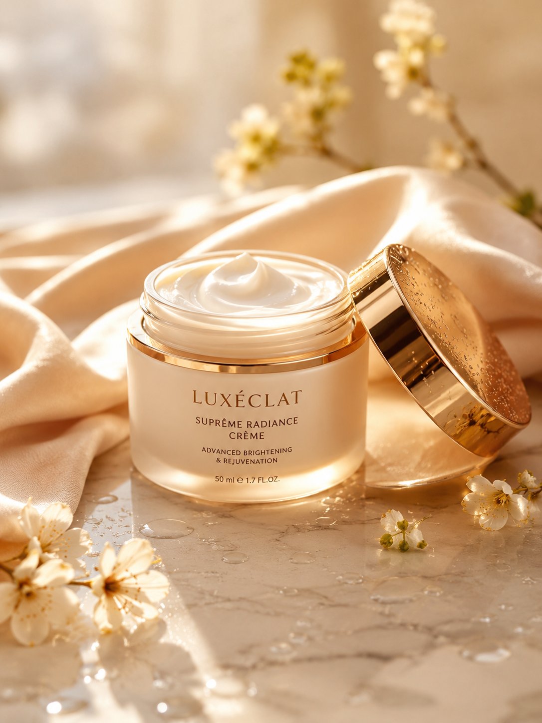 A premium skincare cream jar placed on a smooth marble surface, surrounded by soft beige silk fabric, fresh water droplets, tiny flowers, and warm golden sunlight. Calm luxury background, clean minimal composition, creamy texture visible, elegant cosmetic branding, realistic reflections, soft shadows, high-end beauty product photography, ultra-realistic, cinematic lighting, 8k detail, commercial advertisement style.