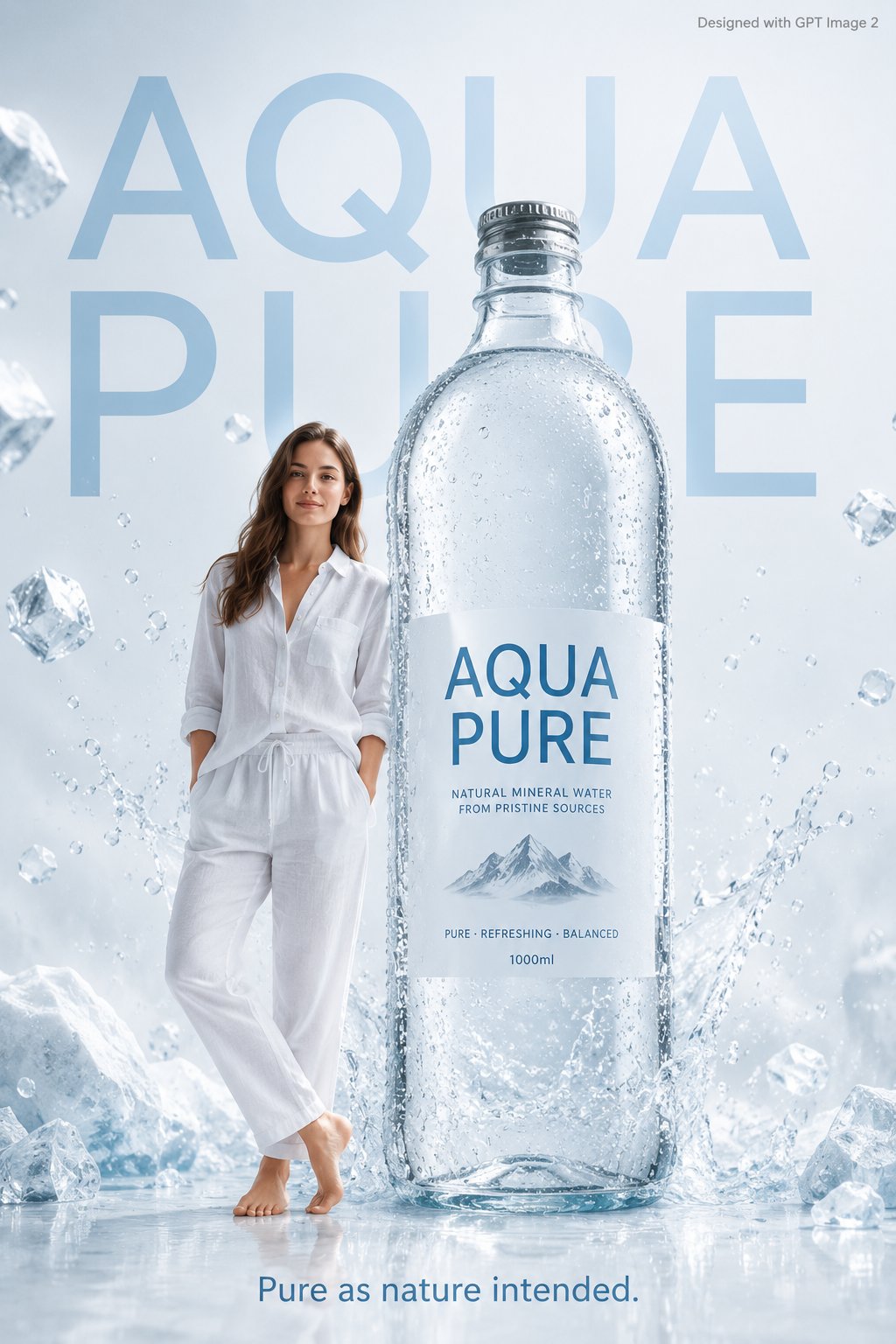 - A premium mineral water advertisement poster featuring a fresh-faced young woman in a relaxed white linen outfit standing confidently beside a giant crystal-clear mineral water bottle nearly 3x her height, covered in realistic water droplets with the “AQUA PURE” label clearly visible. The scene is set against a clean arctic-white minimal background filled with floating ice crystals, soft mist, and dynamic water splash effects creating a refreshing luxury commercial atmosphere. Large crisp sans-serif typography reading “AQUA PURE” appears subtly oversized in light blue across the background, while the tagline “Pure as nature intended.” is placed elegantly at the bottom. In the top-right corner, small grey text reads “Designed with GPT Image 2.” Photorealistic lighting, ultra-clean product advertising aesthetic, glossy reflections, premium hydration campaign style, minimal yet cinematic composition.