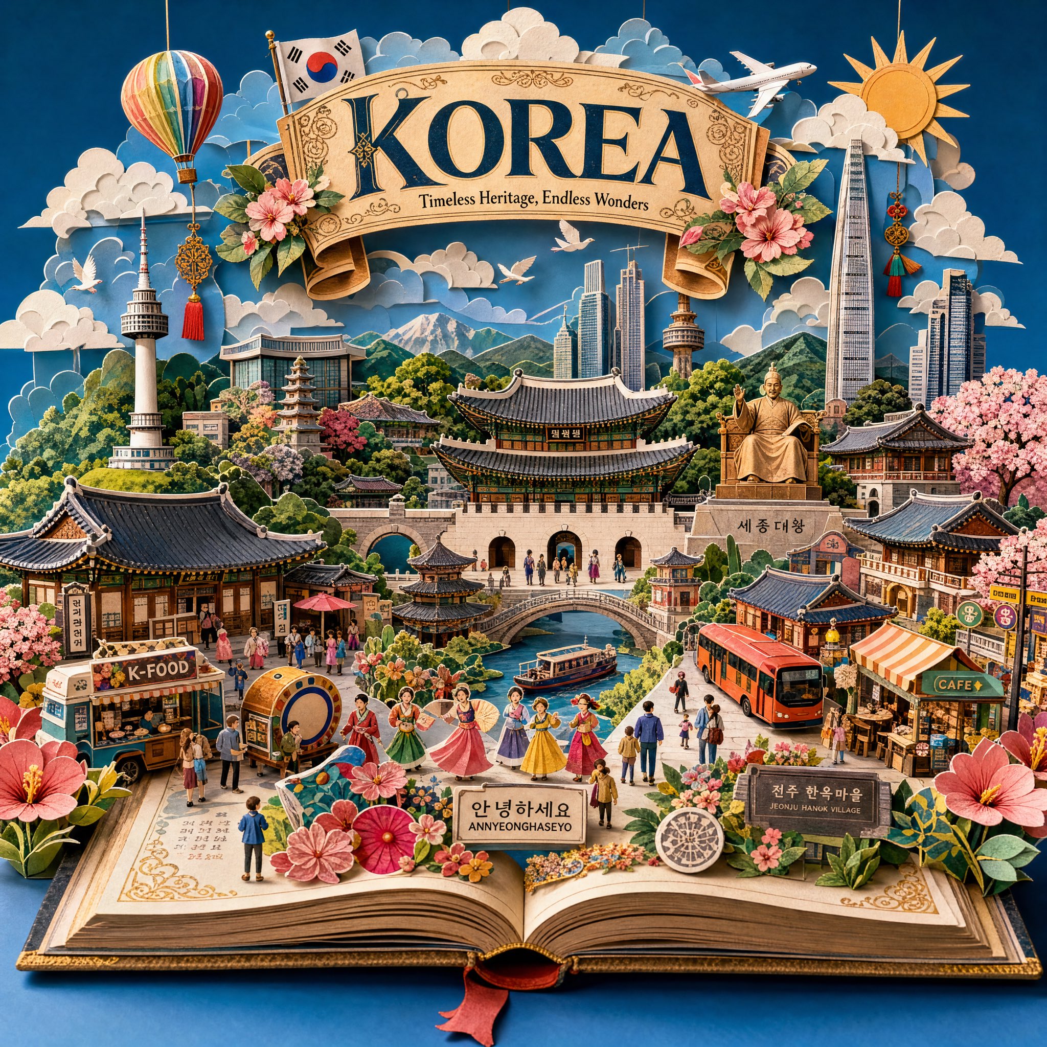 Create an ultra-detailed handcrafted 3D pop-up storybook travel illustration of [DESTINATION], presented inside a beautifully opened vintage book.

The scene should look like a premium collectible paper-engineered pop-up book where the entire destination rises from the pages in layered miniature diorama form.

Style

* Hyper-detailed paper-craft artistry
* Intricate layered papercut construction
* Storybook fantasy aesthetic
* Vibrant travel-poster colors
* Handmade miniature world
* Premium children’s book illustration
* Highly detailed 3D pop-up engineering
* Whimsical, magical, heartwarming atmosphere
* Crisp focus, museum-quality craftsmanship
* Ultra-realistic paper textures
* Editorial travel-poster composition

Composition

The open book fills the frame.

A large decorative title banner emerges from the pages displaying:

”[DESTINATION]”
”[TAGLINE]”

The destination unfolds into a dense miniature world containing:

* Most famous landmark
* Historic architecture
* Cultural icons
* Traditional streets
* Bridges
* Rivers
* Local transportation
* Native flowers and trees
* Local food stalls and cafés
* Tiny tourists exploring
* Seasonal decorations
* Regional wildlife
* Local festivals and traditions

Everything should emerge organically from the book pages as layered paper structures.

Background

* Bright blue sky made from layered paper
* Puffy paper clouds
* Flying aircraft
* Hot-air balloons
* Birds
* Decorative paper sun
* Floating cultural ornaments

Foreground Details

* Tiny people interacting naturally
* Miniature markets
* Small boats
* Local shops
* Traditional costumes
* Decorative flowers spilling onto the pages
* Elegant page corners with gold embellishments
* Origami decorations
* Vintage travel-book aesthetics

Lighting

* Soft daylight
* Warm, cheerful atmosphere
* Subtle depth shadows between paper layers
* Highly dimensional
* Rich color contrast

Quality

Ultra detailed, masterpiece, 8K, professional travel illustration, collectible pop-up book, paper diorama, layered papercraft, magical storybook world, intricate miniature architecture, fantasy tourism poster, immersive handcrafted design.