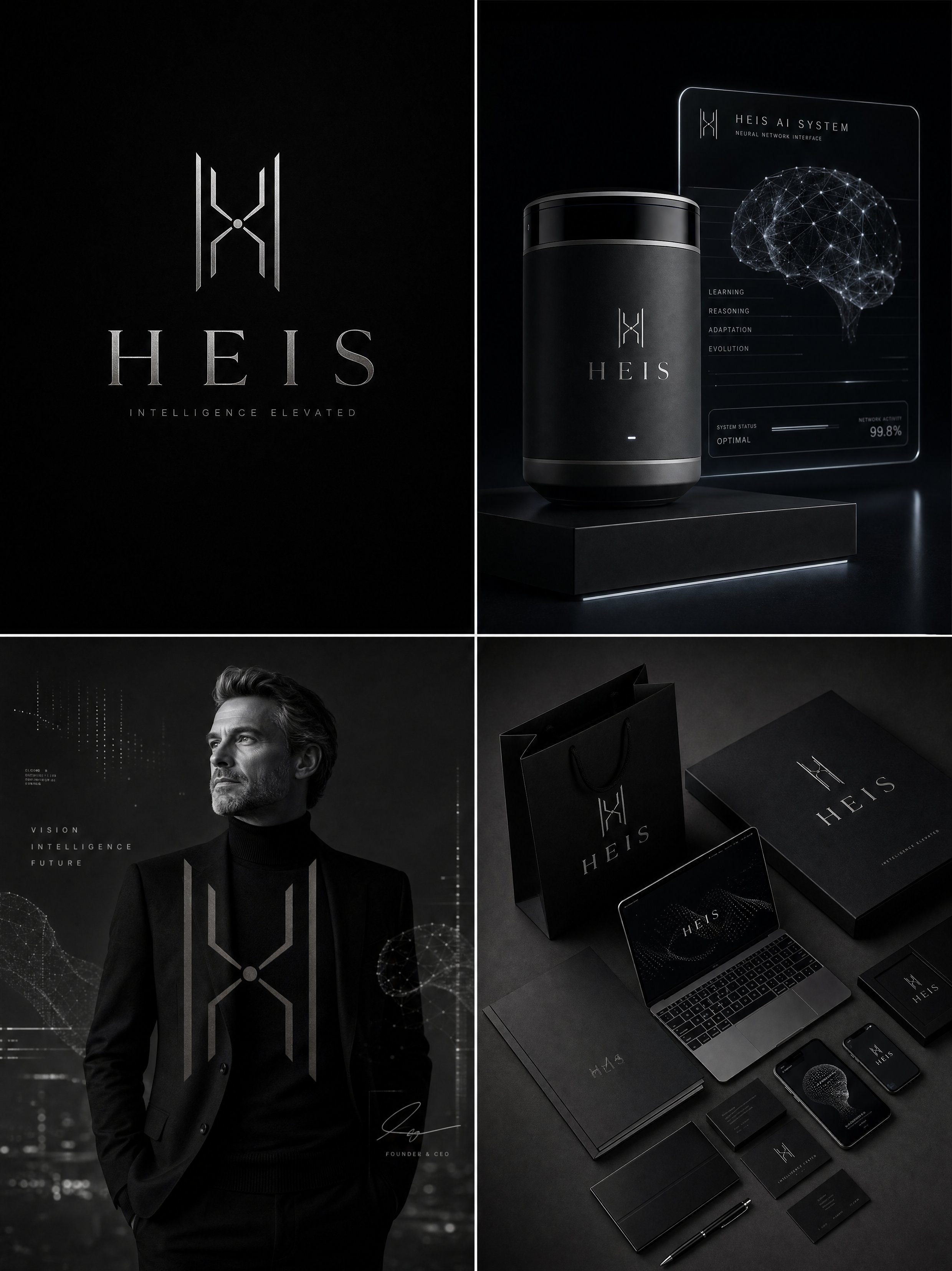 Luxury AI brand identity board for "HEIS", ultra-premium artificial intelligence company branding, matte black and platinum silver color palette, sophisticated minimalist design, Apple-level attention to detail, futuristic yet timeless aesthetic. Four-panel branding presentation layout.

Top-left panel: HEIS logo centered on a matte black background, elegant custom typography combining luxury serif and modern minimalism, geometric AI-inspired emblem representing intelligence, neural networks, and innovation, platinum silver logo treatment, abundant negative space.

Top-right panel: premium AI product mockup, futuristic smart device or holographic interface, matte black hardware with platinum accents, HEIS logo engraved in metallic silver, dramatic studio lighting, realistic reflections, luxury technology presentation.

Bottom-left panel: high-fashion editorial portrait of a modern visionary entrepreneur, subtle AI holographic elements and digital patterns integrated into the scene, monochromatic black and silver tones, large transparent HEIS emblem overlay, magazine-cover quality photography, cinematic lighting.

Bottom-right panel: premium brand collateral including business cards, presentation folders, laptop mockups, smartphone UI screens, luxury packaging, and shopping bags, all featuring the HEIS logo in platinum foil on matte black surfaces, executive-level corporate branding.

Ultra-realistic luxury technology branding, black-on-black textures, metallic platinum foil details, sophisticated typography, premium AI startup identity, high-end creative agency showcase, Behance award-winning project quality, minimal futuristic design, cinematic shadows, luxury corporate aesthetic, photorealistic, 8K, highly detailed, professional art direction, clean composition, modern innovation, exclusive and prestigious brand image.

Logo style recommendation:
Thin geometric monogram "H"
Abstract neural-network symbol
Platinum foil finish
Minimalist icon similar to luxury fashion houses rather than typical tech companies
Sharp, clean typography with generous spacing