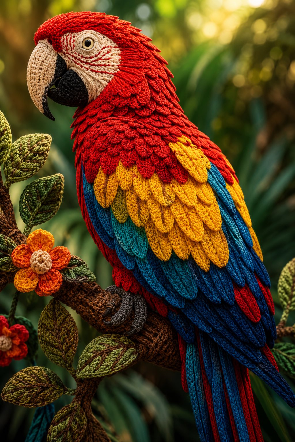A magnificent Scarlet Macaw perched on a tropical branch, entirely handcrafted from colorful knitted yarn and intricate crochet stitches, vibrant red, blue and yellow wool textures, embroidered feather details, cozy handcrafted textile art, ultra-detailed knitted painting, soft wool fibers, realistic yarn loops, museum-quality fiber artwork, warm natural lighting, shallow depth of field, highly textured, masterpiece, 8K, photorealistic textile illustration.
A majestic Snowy Owl sitting on a snowy pine branch, created entirely from white knitted wool and premium crochet embroidery, layered yarn feathers, fluffy wool texture, icy blue knitted eyes, Scandinavian textile craftsmanship, ultra-realistic fiber art, cozy winter aesthetic, cinematic lighting, intricate stitch work, handcrafted masterpiece, ultra-detailed, HDR, 8K.
A brilliant Common Kingfisher diving above crystal-clear water, fully crafted from knitted yarn and crochet embroidery, shimmering blue and orange wool threads, intricate woven feather patterns, handcrafted textile painting, realistic knitted textures, soft fiber details, luxury embroidery art, cinematic lighting, ultra-detailed, masterpiece, 8K.
A stunning Mandarin Duck floating on a peaceful pond, fully handcrafted from richly colored knitted yarn and detailed crochet embroidery, luxurious woven feathers, intricate textile craftsmanship, realistic wool textures, embroidered lotus flowers, elegant fiber art, soft sunrise lighting, ultra-detailed knitted painting, masterpiece, HDR, 8K.
