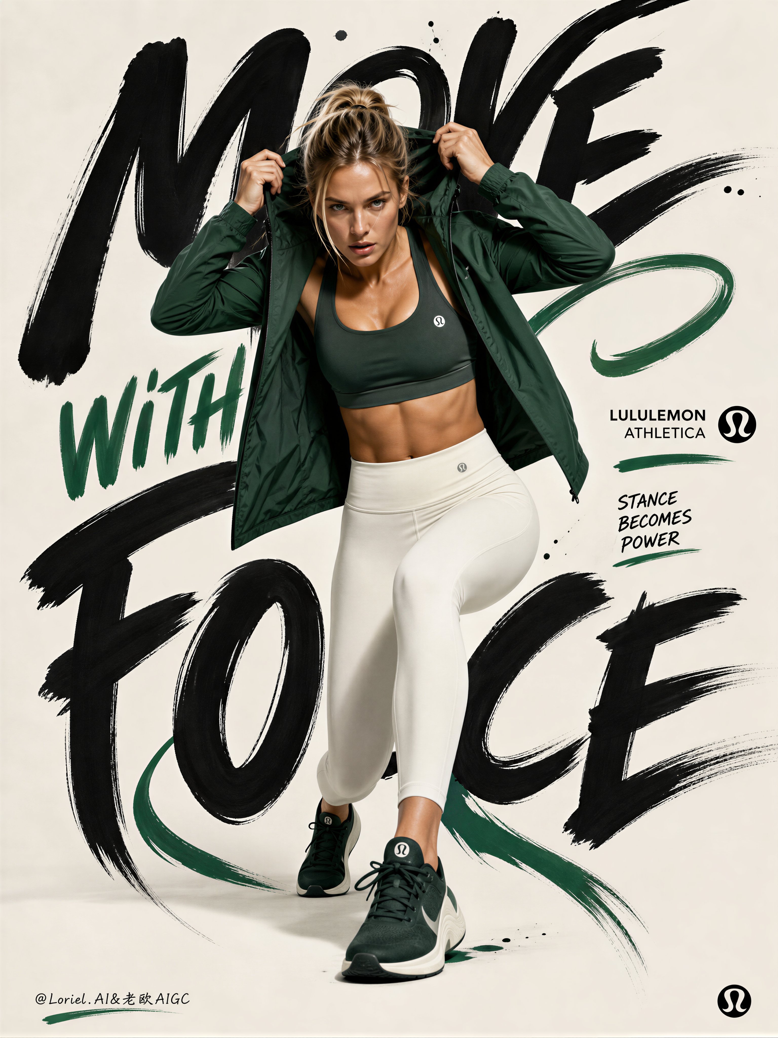 Create the fifth poster in a unified campaign series for Lululemon Athletica, preserving the same bold fashion-sport poster DNA while shifting the visual system into a cleaner minimalist composition with strong hand-drawn typography interaction. The image must feel hyper-real, striking, modern, avant-garde, and premium, with one athletic female figure dominating the composition against an ultra-clean minimal background. The key visual energy must come from the interaction between the body pose and the large hand-drawn graffiti lettering wrapped around the figure.

Use a vertical poster layout with a mostly minimal clean background, like a premium studio cyclorama or soft matte paper backdrop. The background should feel spacious, controlled, and modern, with very little environmental clutter. Use a palette built around ivory white, soft warm off-white, matte black, deep emerald green, and subtle dark graphite accents. Optional tiny touches of muted coral or brushed silver may appear in very small controlled details, but emerald green must be the main new accent color.

Hero figure:
Show one healthy Western female fitness model with a sculpted athletic body, realistic anatomy, and a powerful editorial presence. Her pose should be inspired by a forward-pressing street-fashion athletic stance: one leg stepping or driving forward, one leg anchoring behind, torso leaning slightly toward camera, shoulders active, head engaged, and both hands near the hood, hair, collar, or upper head area as if she is locking into focus before movement. The pose must feel assertive, energetic, and stylish, with strong body tension and believable balance. No distorted anatomy, no awkward limbs, no exaggerated proportions.

Wardrobe and product:
Show authentic Lululemon Athletica activewear as the hero product, rendered with extreme realism and premium fabric fidelity. Use a sleek, fashion-forward training look such as:
a cropped performance top or sports bra,
a lightweight technical jacket or overshirt,
high-waisted leggings or sculpted performance bottoms,
and premium athletic sneakers.
The outfit should feature the new color system:
deep emerald green,
ivory white,
soft black,
and graphite gray.
The garments must feel unmistakably premium and technical, with clean seam construction, realistic stretch tension, elegant folds, premium matte texture, and strong product visibility.

Typography interaction:
Create oversized hand-drawn graffiti-style lettering and expressive brush-script forms that wrap around and behind the model, interacting closely with her silhouette. The letters should feel hand-painted, imperfect in an art-directed way, and integrated into the figure’s presence. Some letter strokes may frame the shoulders, curve around the torso, tuck behind the legs, or echo the line of the arms and step. The text should feel like a visual force field around the body, not a separate headline pasted on top.
Keep the lettering mostly black or dark charcoal, with selected emerald green emphasis in a few strokes, fills, underlines, or graphic hits.

Background behavior:
Keep the environment minimal and bright, with perhaps only subtle paper texture, soft studio shadow grounding, faint painterly smudges, or very restrained brush residue. Do not clutter the composition with full graffiti walls or heavy street textures. This poster should feel cleaner, more distilled, and more fashion-forward than the previous ones.

Motion and graphic accents:
Add only a few restrained visual accents such as brush flicks, ink tails, paint commas, or small abstract marks around the figure and typography. These accents should reinforce motion and editorial rhythm without overwhelming the minimalist composition.

Lighting:
Use refined premium studio lighting with clean sculptural highlights across the face, shoulders, jacket, waist, legs, and shoes. The body and clothing must feel dimensional and sharp, while the background remains soft and controlled. The lighting should emphasize realism, product quality, and the power of the pose.

Typography content:
Use English branding only.
Possible text directions:
“LULULEMON”
“ATHLETICA”
“MOVE WITH FORCE”
“FORM LEADS MOTION”
“STANCE BECOMES POWER”
Typography should feel artistic, hand-drawn, premium, and highly integrated into the composition. Include only a minimal official-style Lululemon logo if needed.

Mood:
clean, assertive, athletic, avant-garde, premium, minimalist, editorial, forward-moving, sharp, fashion-led, graphic, modern.

Rendering style:
hyper-real Lululemon activewear campaign poster, athletic Western female model, minimal studio background, hand-drawn graffiti typography interacting with the figure, emerald green and ivory palette, premium sportswear realism, avant-garde fashion-sport editorial, 8k, world-class campaign quality.

Negative prompt:
yellow-dominant palette, blue-dominant palette, cluttered graffiti wall, messy background, distorted anatomy, broken limbs, bad hands, extra fingers, twisted joints, weak stance, influencer look, generic activewear, low-detail fabric, cartoon lettering, cheap fitness ad, blurry shoes, bad typography, dirty shadows, black blotches, unrealistic pose